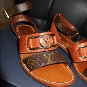 Louis Vuitton Tan & Brown Monogram Leather Sandals with Gold Hardware